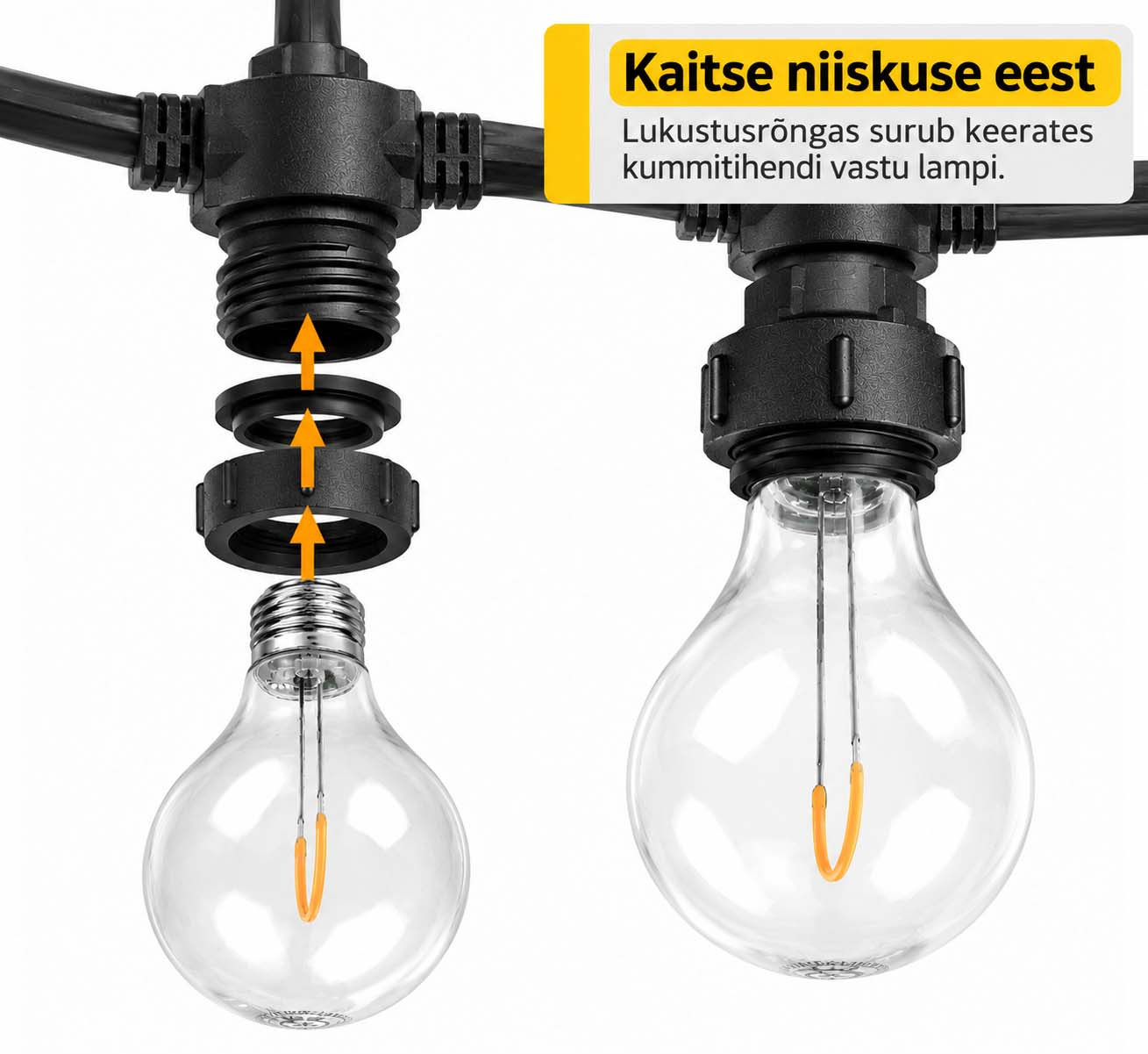 Valguskett Lambikett E27 Pesa Veekindel Kummitihend Must Pikendatav